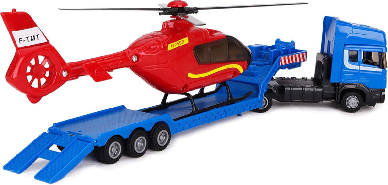 Toyland® Scania Pritschenschlepper mit Hubschrauber - Massstab 1:48 - Freilauf - Transportspielzeugs