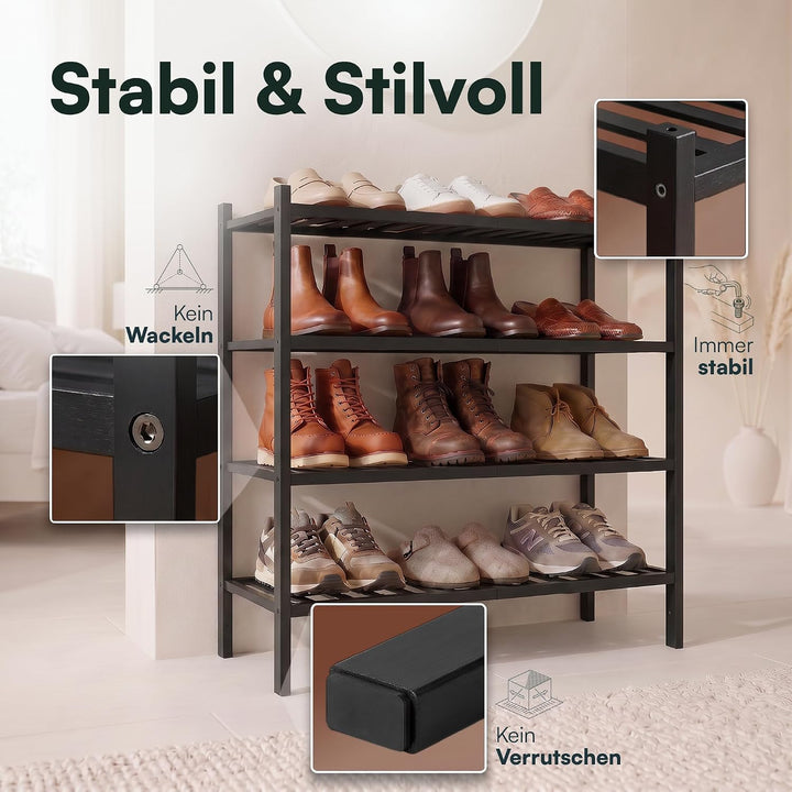 Schuhregal aus Bambus, Schuhablage mit 4 Ebenen, 68 x 28 x 64 cm, Erweiterbar Stapelbar, Schuhschran