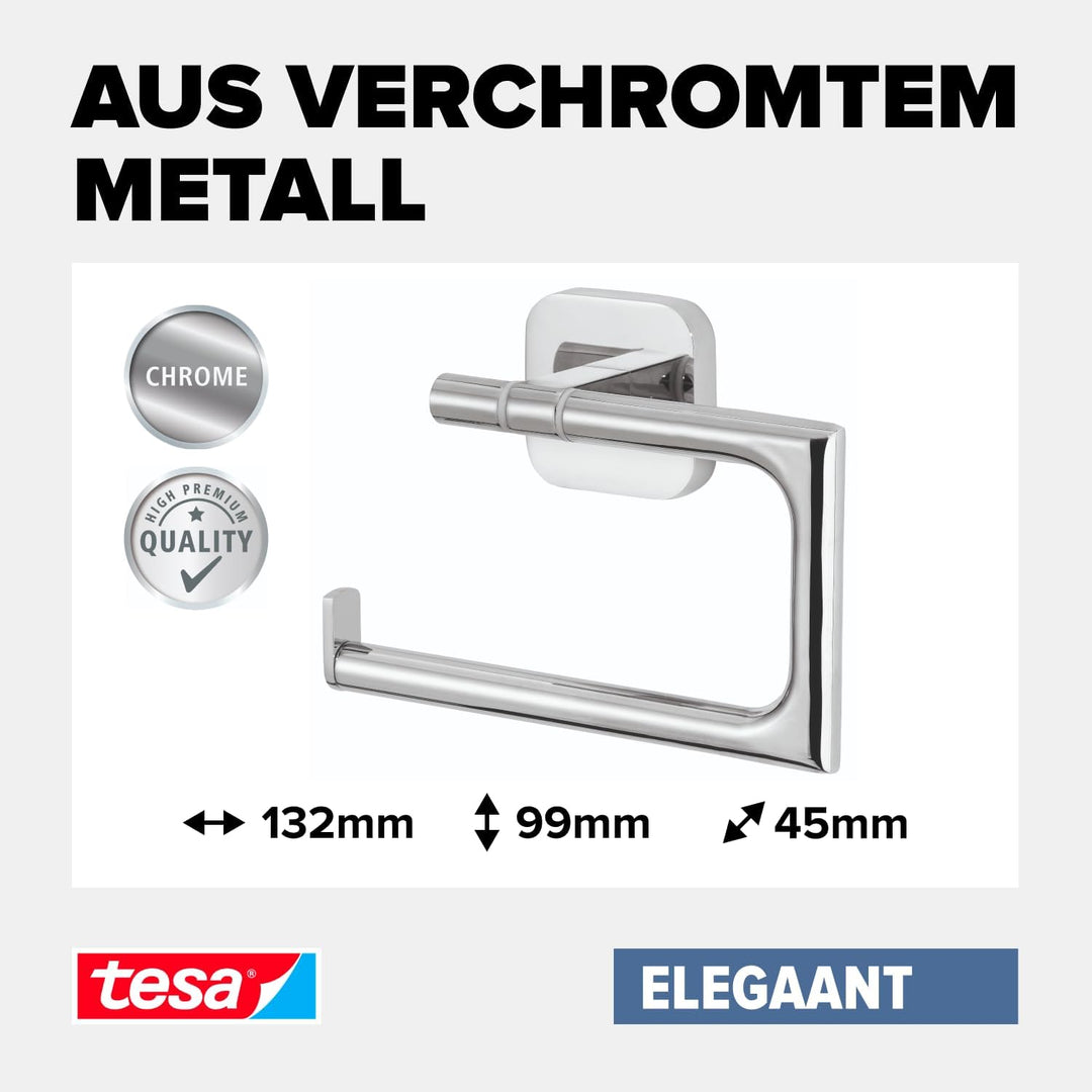 tesa ELEGAANT Toilettenpapierhalter ohne Deckel, verchromt - zur Wandbefestigung ohne Bohren, inkl.