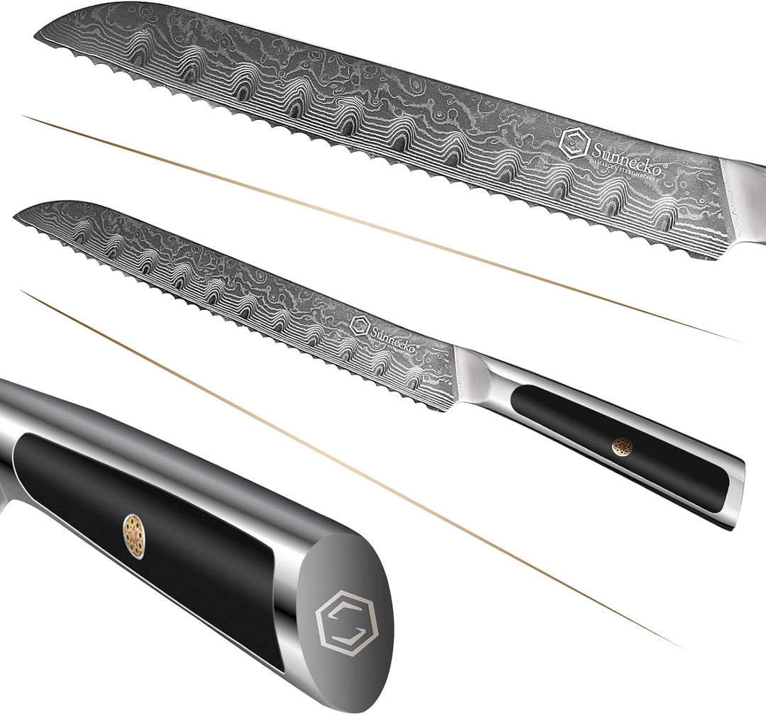 Sunnecko 20cm Brotmesser mit Wellenschliff - Damastmesser mit ergonomischem Griff, Brötchenmesser Br