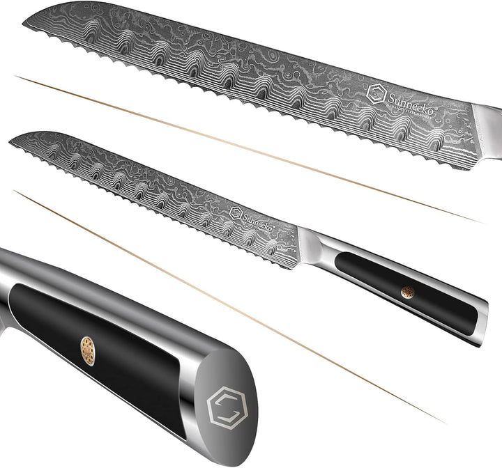 Sunnecko 20cm Brotmesser mit Wellenschliff - Damastmesser mit ergonomischem Griff, Brötchenmesser Br