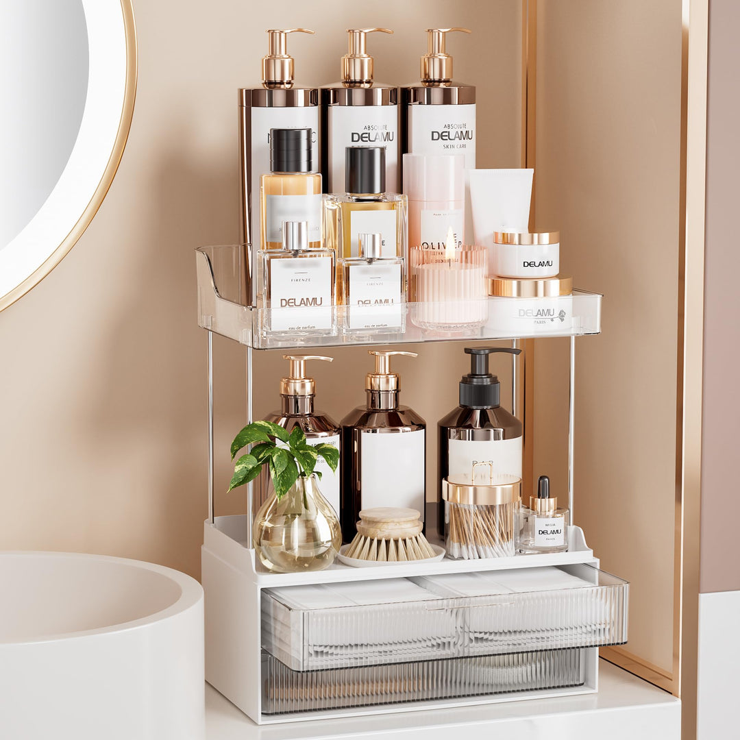 Delamu Make Up Organizer mit 2 Schubladen, 2 Etagen Kosmetik Organizer, Multifunktions Grösser Kosme