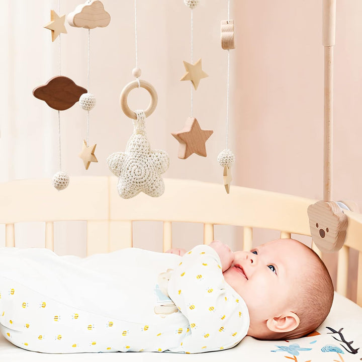 Mobile Baby Windspiele mit Wolken Mond Sterne Handgefertigt Holz Gehäkelt Mobile Baby Neugeborene Ju