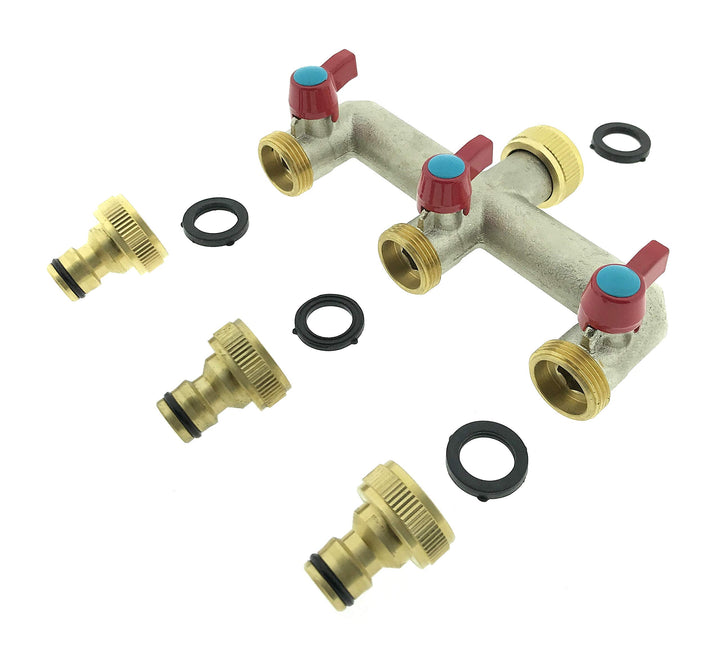 3-Wege Messing Wasserhahn Verteiler 3/4" Wasserverteiler 3er Gartenschlauch Adapter 1/2"