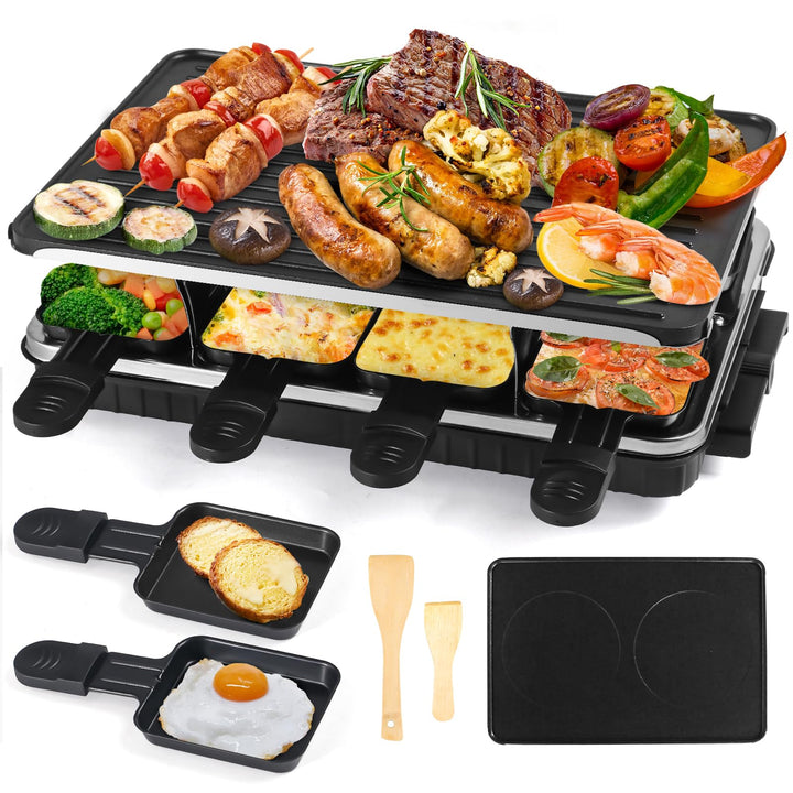Raclette 8 Personen - Antihaft-Beschichtung Raclette Grill Elektrisch mit 8 Mini Raclette Pfännchen