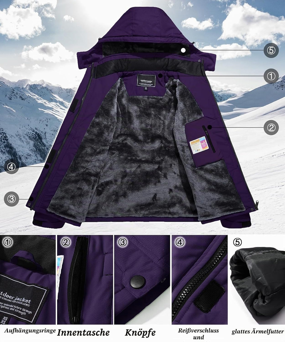 TACVASEN Damen Übergangsjacke Warm Winterjacke Gefüttert Wanderjacke Ski Jacket mit Wasserdichtem Re