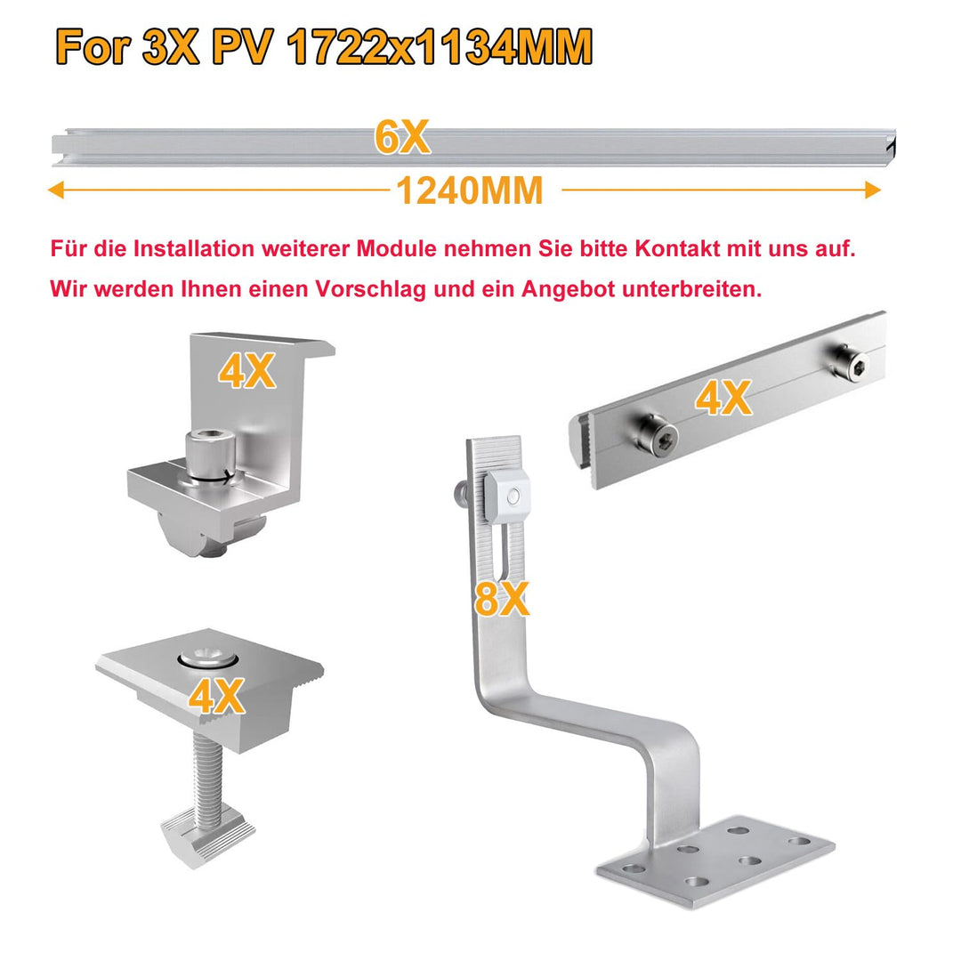 für Breite des Solarmoduls 1134mm, Photovoltaik Solar Ziegeldach Montage Set 3 Module Befestigung Sc