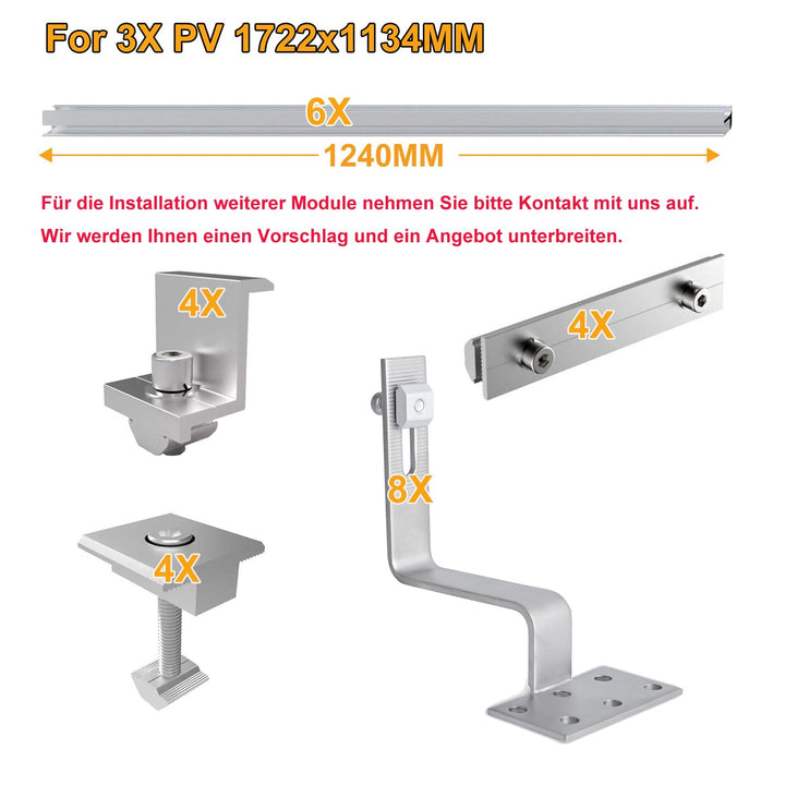 für Breite des Solarmoduls 1134mm, Photovoltaik Solar Ziegeldach Montage Set 3 Module Befestigung Sc