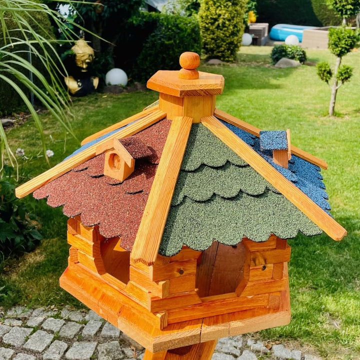 handgefertigtes Sechseck Vogelhaus aus Holz wetterfest M - XL mit und ohne Ständer, Futterhaus, Futt