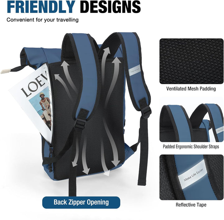 Lekeinchi Rolltop Rucksack Damen & Herren, Elegant Laptop Rucksack Wasserdicht mit 17 Zoll Laptopfac