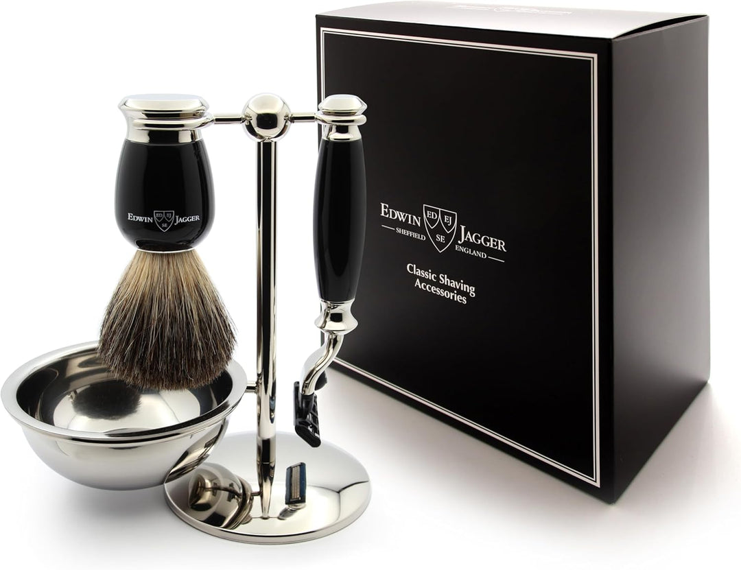 Edwin Jagger S81M586BAMZ Klassisches Rasierset aus Ebenholz- und Nickelimitat mit reinem Dachs-Rasie