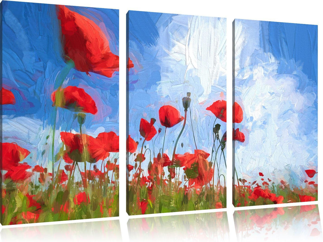 Pixxprint Mohnblumenfeld / 3-Teilig/Gesamtmass 120cm Leinwandbild bespannt auf Holzrahmen/Wandbild K