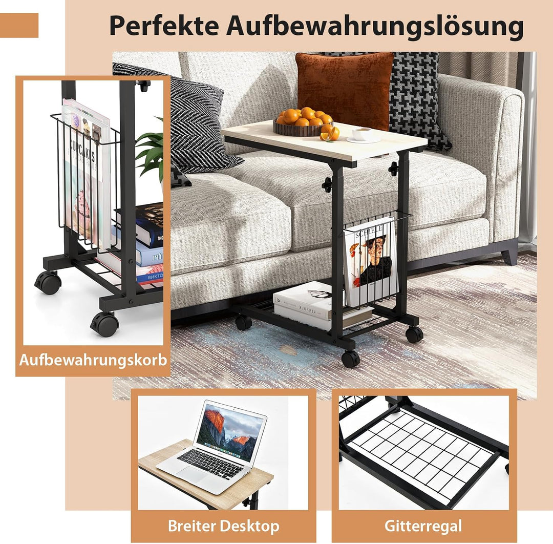 COSTWAY Beistelltisch mit Rollen, Laptoptisch höhenverstellbar, mit Aufbewahrungskorb, Sofatisch C-F