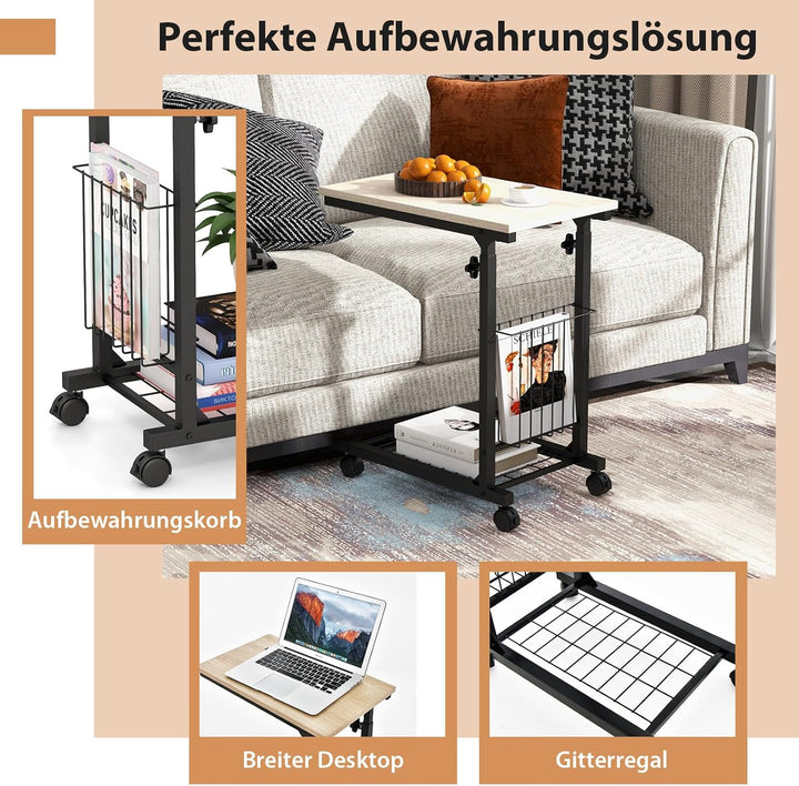 COSTWAY Beistelltisch mit Rollen, Laptoptisch höhenverstellbar, mit Aufbewahrungskorb, Sofatisch C-F