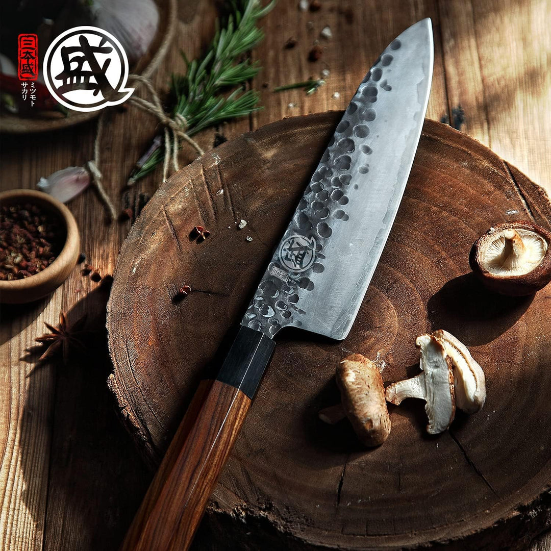 MITSUMOTO SAKARI 22 cm Gyuto Japanisches Messer, Handgeschmiedetes Küchenmesser Profi Fleischmesser,