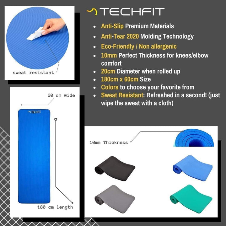 TechFit Yogamatte Rutschfest für das Fitnessstudio zu Hause - Pilates Matte für das Heimtraining, Yo