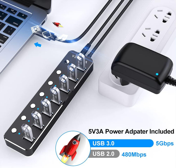 USB Hub 3.0, VKUSRA 7 Port USB Hub Aktiv 3.0 mit 5V/3A Netzteil und Langes Kabel 120cm, Aluminium US