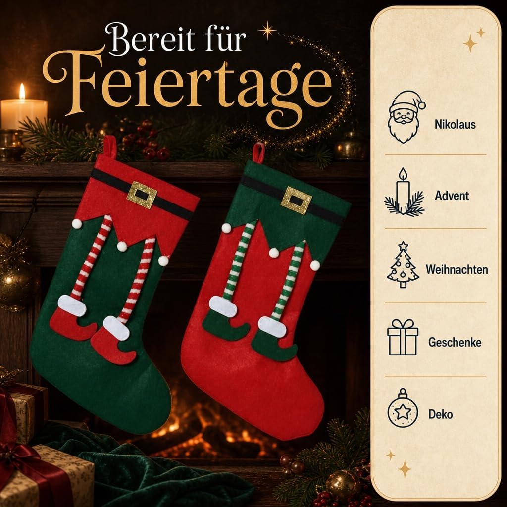 MIJOMA Weihnachtsstrümpfe 2er Set – dekorative Filz-Socken mit Elfen-Design zum Befüllen &amp; Aufhängen
