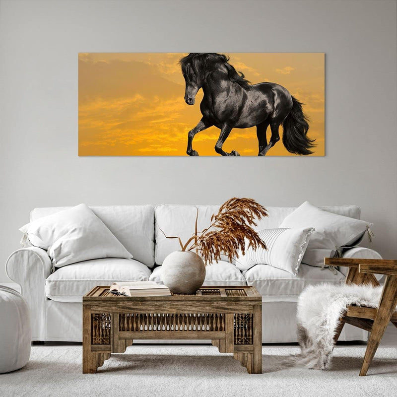 Wandbilder Dekoration Wohnzimmer Tiere Pferd Laufen Wiese Panorama Bilder auf Leinwand 120x50cm Lein