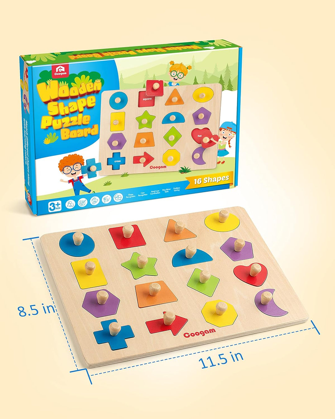 Coogam Montessori-Spielzeug, Holzform, Steckpuzzle, Feinmotorik, farblich passendes Sortierbrett, fr