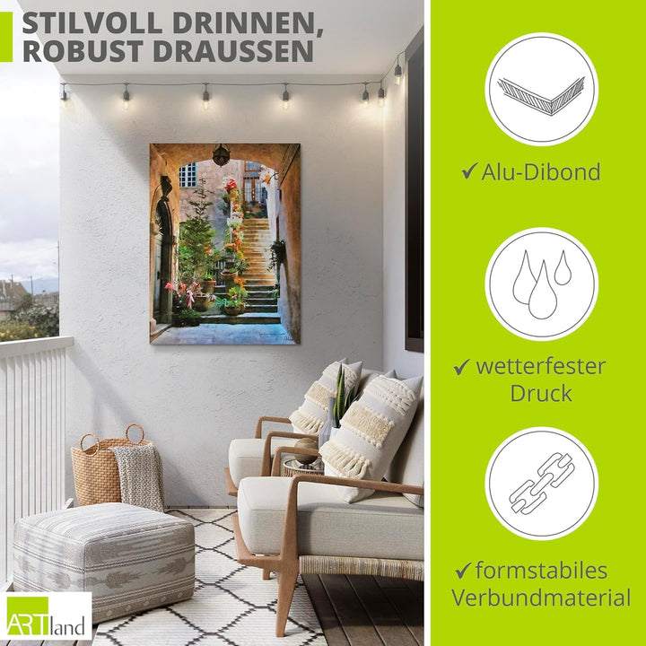 ARTland Wandbild Alu Verbundplatte für Innen & Outdoor Bild 45x60 cm Gemälde Architektur Blumen Ital