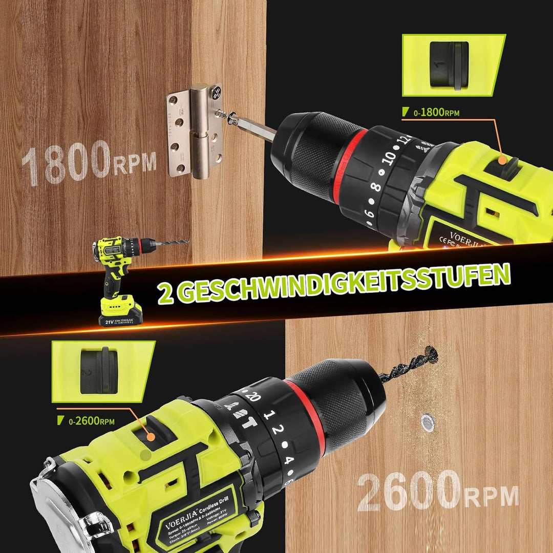 21V Akkuschrauber Set, Bürstenlose Akku bohrhammer mit 2*2000 mAh Akku, 3/8" Bohrfutter, 20+3 Drehmo