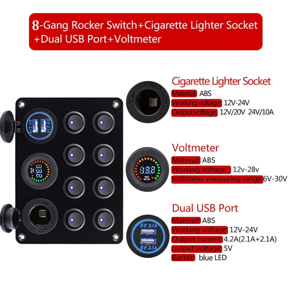 KAOLALI 12V/24V Schalter Panel, Dual-USB-Ladegerät LED Voltmeter Zigarettenanzünder 8 Kippschalter E