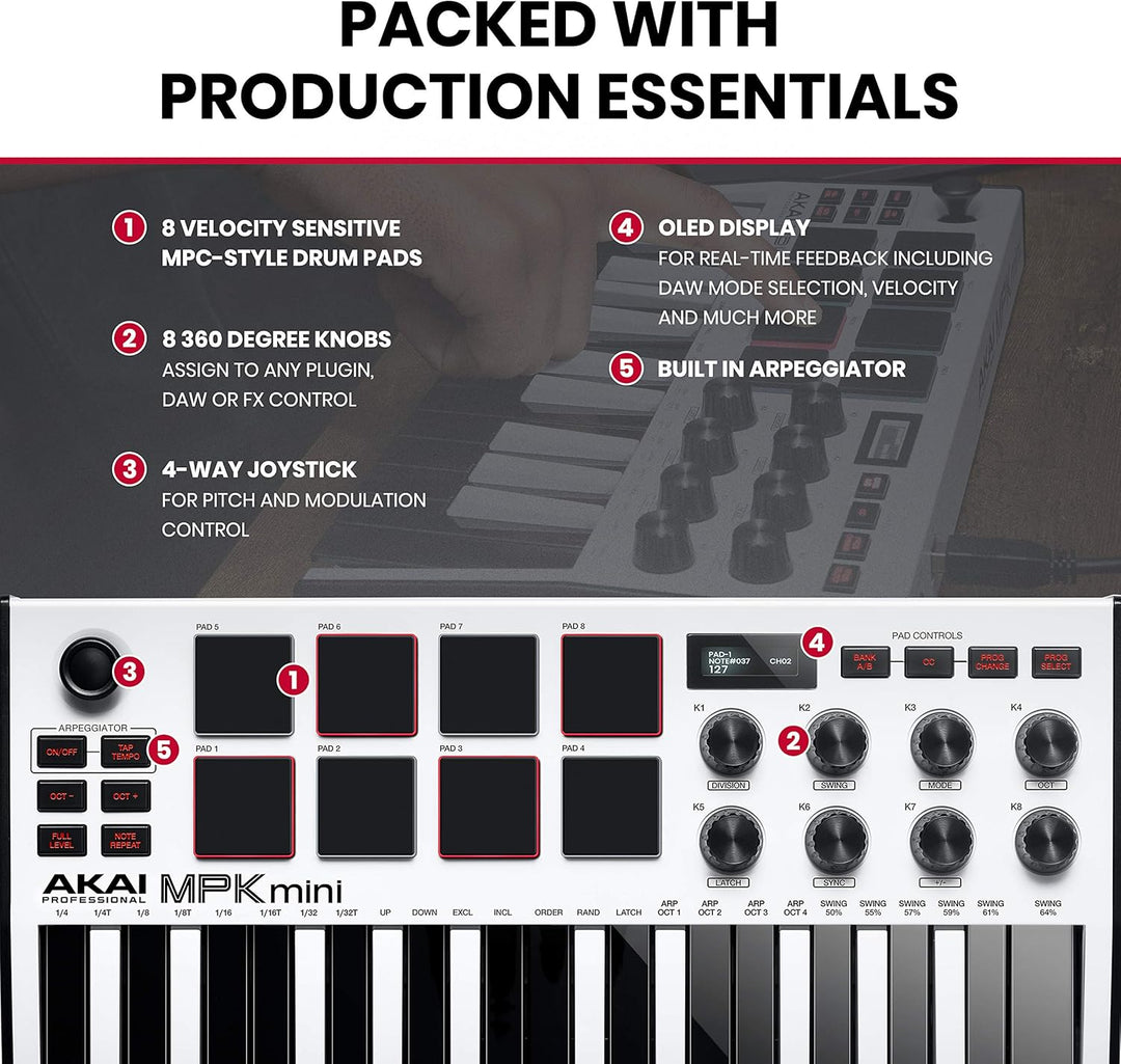 AKAI Professional Midi Controller + Sustain Pedal Bundle - MPK Mini MK3 White USB-MIDI-Keyboard Cont