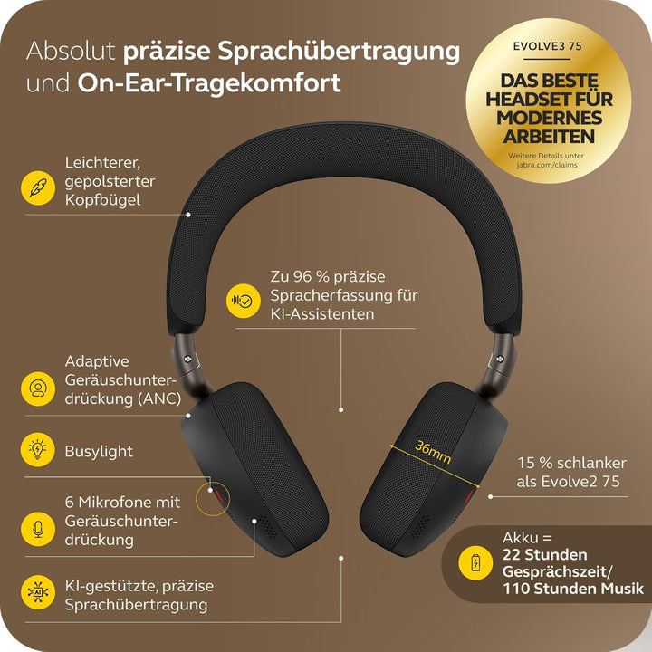 Jabra Evolve3 75 On-Ear Bluetooth Headset kabellos mit Mikrofon für Büro, USB-A, KI-Sprachanruf, Erw