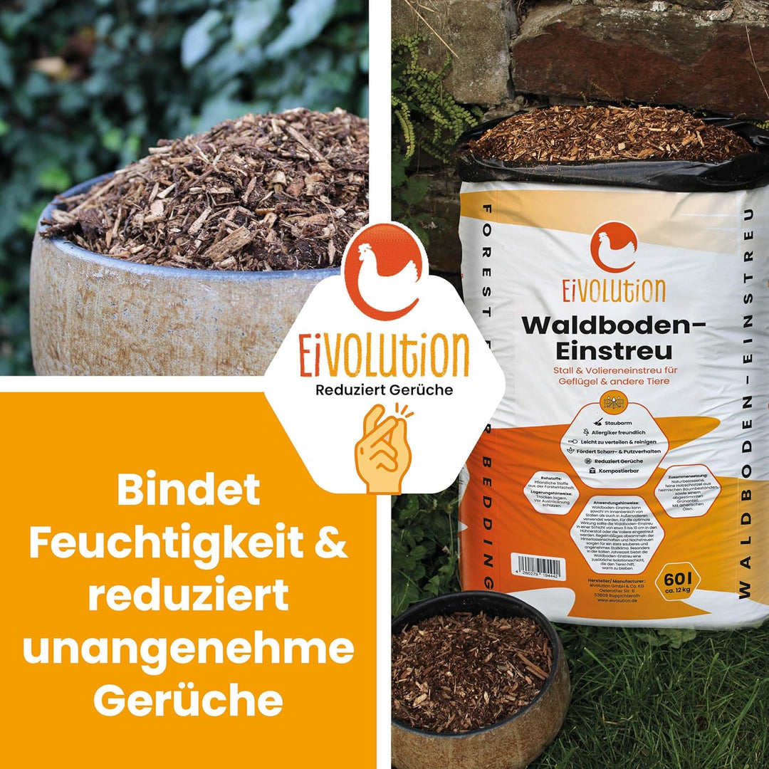 eivolution Waldboden-Einstreu 60 Liter | für den Stall und Voliere | staubfrei | geruchsbindent | bi
