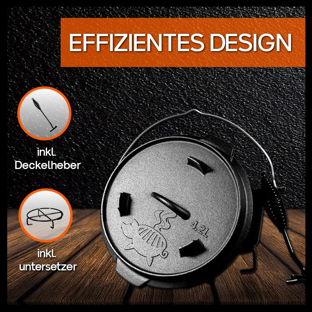 Grillschweine Dutch Oven 4.5QT (4,2 L ohne Füsse) - BBQ Schmorofen - Gusseisen Feuertopf, 4,2 L ohne
