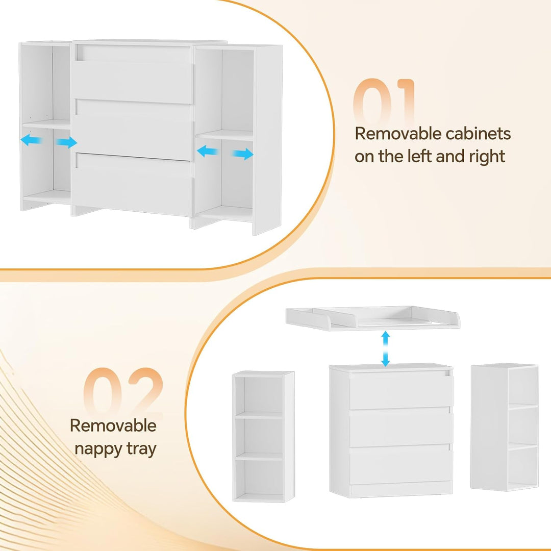 2-in-1 Wickelkommode mit abnehmbarem Wickelaufsatz, Baby Wickeltisch&Kommode mit 3 Schubladen und 6