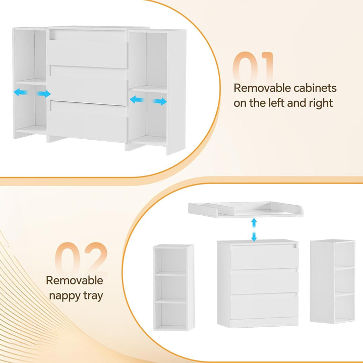 2-in-1 Wickelkommode mit abnehmbarem Wickelaufsatz, Baby Wickeltisch&Kommode mit 3 Schubladen und 6