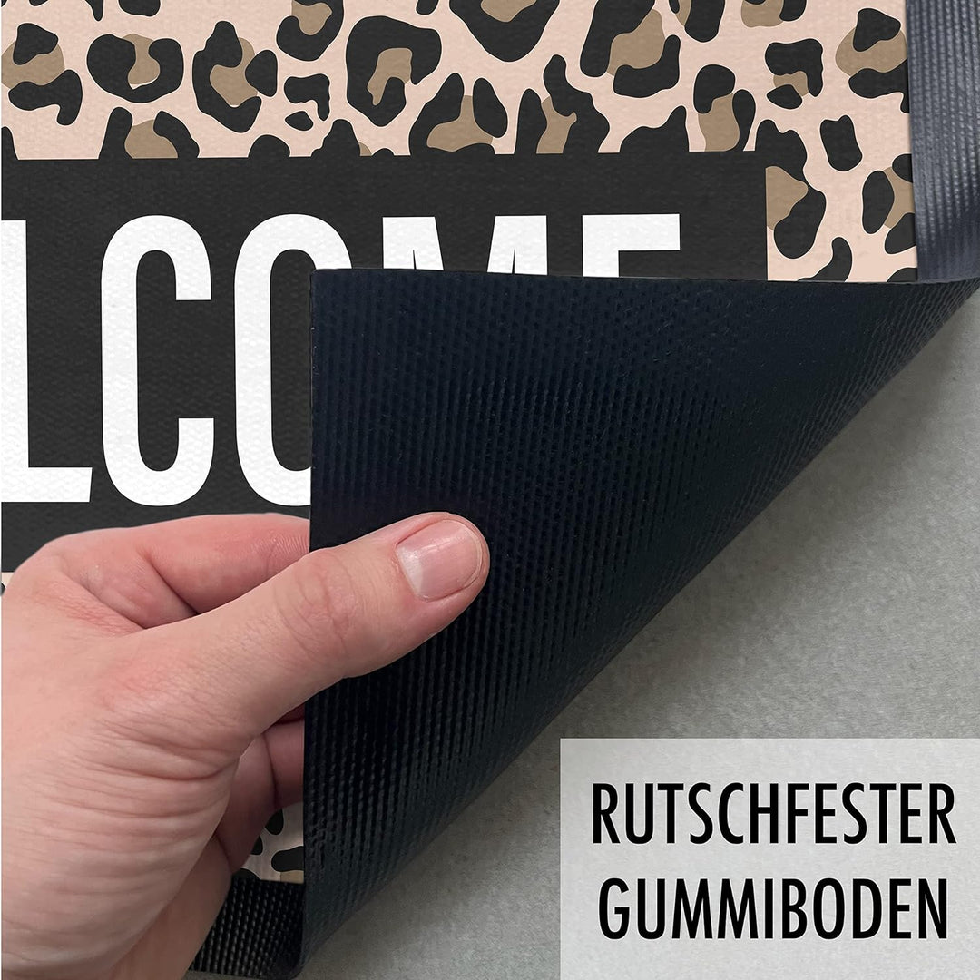 Trendation - Welcome Fussmatte Leopard Muster Willkommen Geschenk Aussen Innenbereich 60x40 cm Schmu