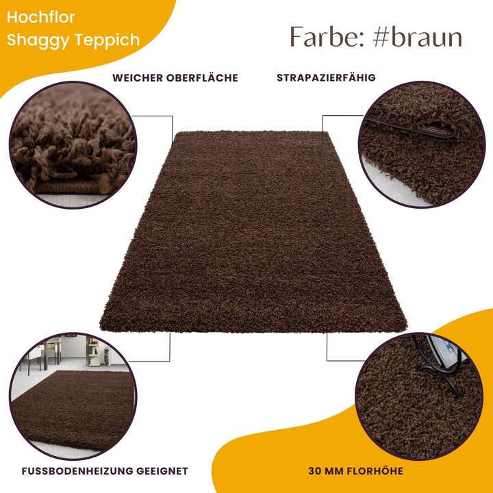 Moderner Hochflor Teppich Läufer Flur 80 x 150 cm Braun - Shaggy Flauschiger Teppich, Extra Weich un