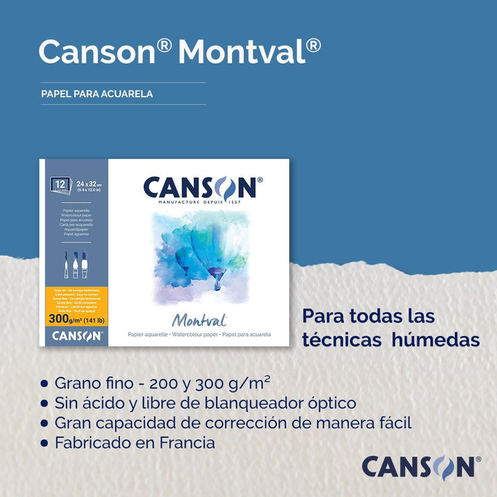 Canson 200807353 AQ Montval fein Aquarelle, 200 g/qm, 100 Blatt pro Block "an der langen Seite gelei