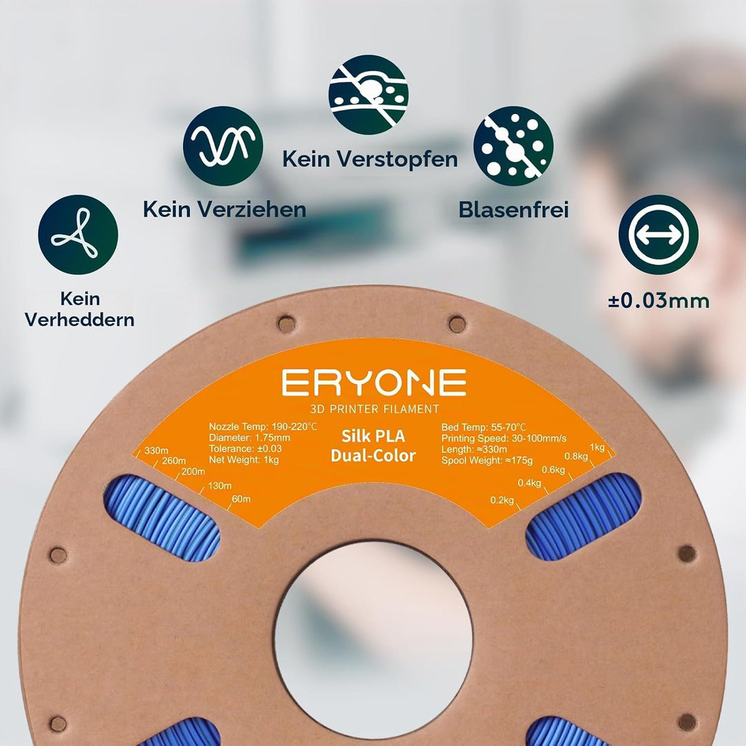 ERYONE Dual Zweifarbig PLA Filament 1.75mm, 3D Drucker Filament 1kg Spule +/- 0,02 mm, Seide Blau &