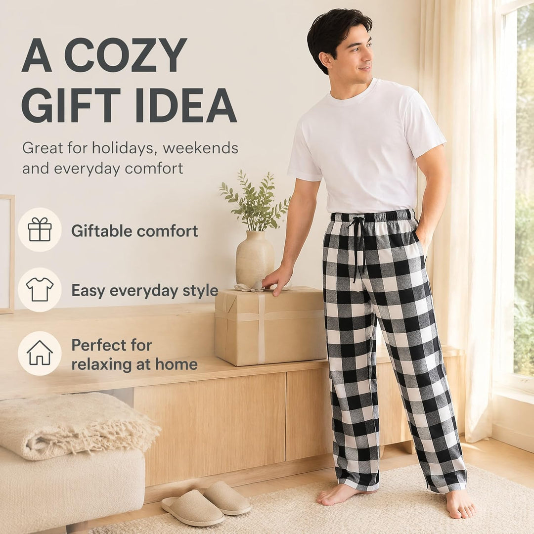 Herren 100% Baumwolle Flanell Bequeme Pyjama/Lounge Bottoms mit Taschen XL Black White Check, XL Bla