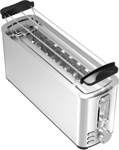 TurboTronic TT-BF14 Edelstahl Toaster mit extra langem Brot-Schlitz Brötchenaufsatz, Krümelschublade