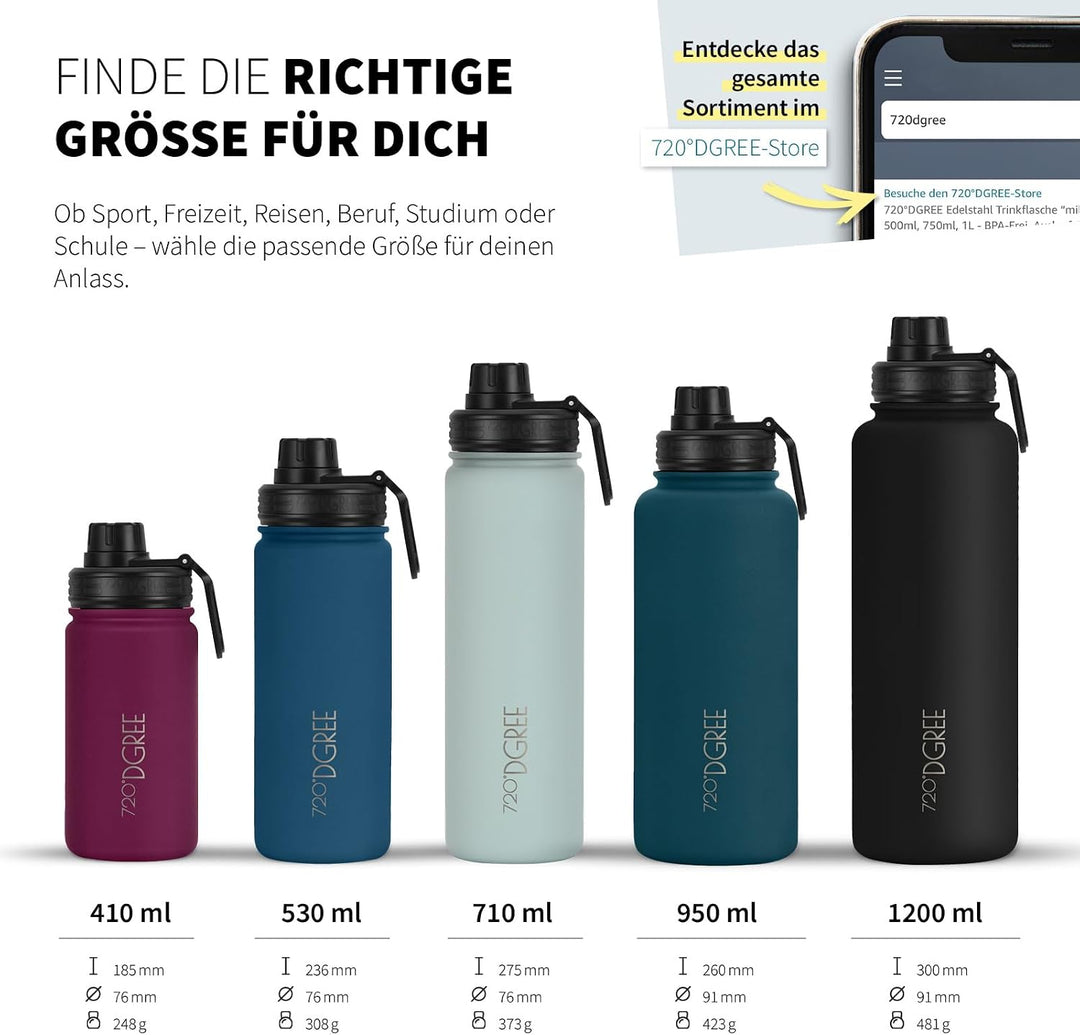 720°DGREE Edelstahl Trinkflasche “noLimit” – 410ml, 530ml, 710ml, 950ml, 1200ml - Auslaufsicher bei