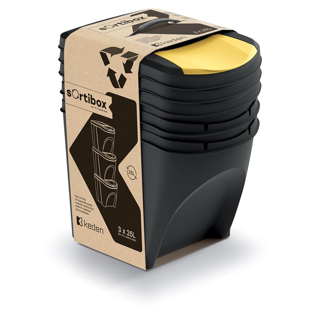 Set von 3 Mülltonnen KEDEN SORTIBOX aus 100% recyceltem Kunststoff, schwarz, 75L Schwarz 75 litros,