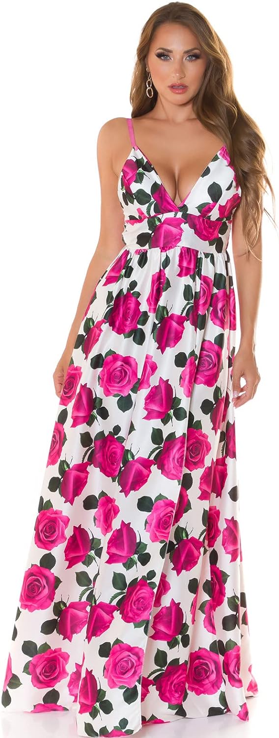 Summer V-Neck Träger Maxi Kleid mit Flower Print und XL-Beinschlitz One Size (Einheitsgrösse)