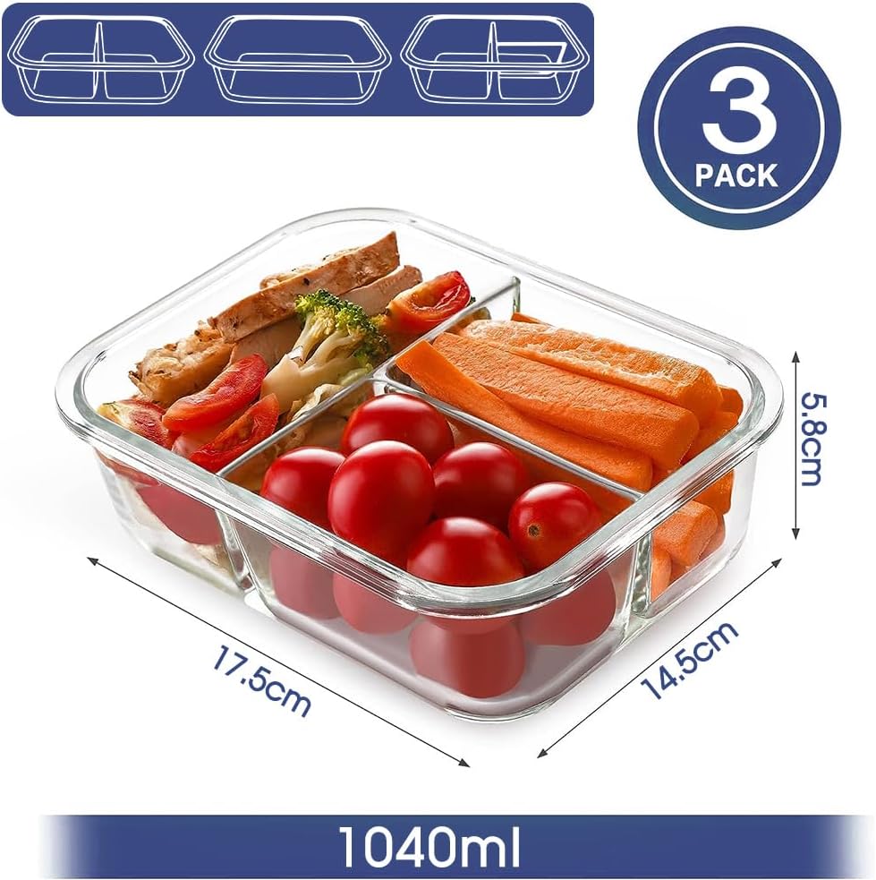 Meal Prep Boxen Glas 1&2&3 Fächer (3Stück, 1040ml) Glasbehälter mit Deckel Frischhaltedosen mit Deck