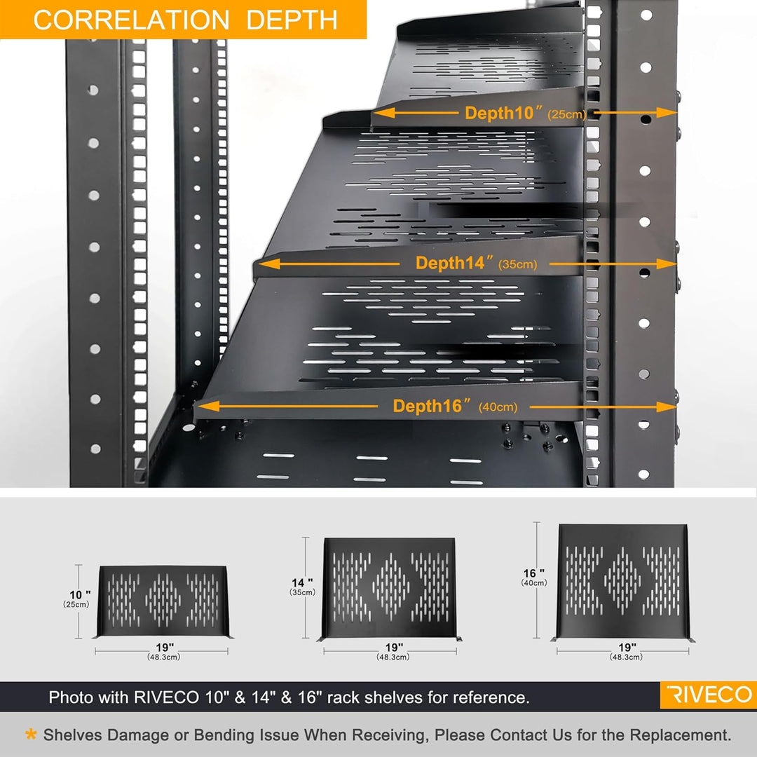 RIVECO 2PCS 1U Rack Shelves, 19” Cabinet Mount 1 U Tray Vented Cantilevers for Computer Case Shelf M