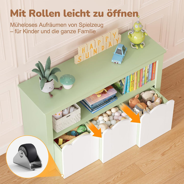 YOUDENOVA Kinderregal mit 3 Boxen &amp; Rollen, 102,2x33x61,5 cm Premium Spielzeugaufbewahrung und Büche