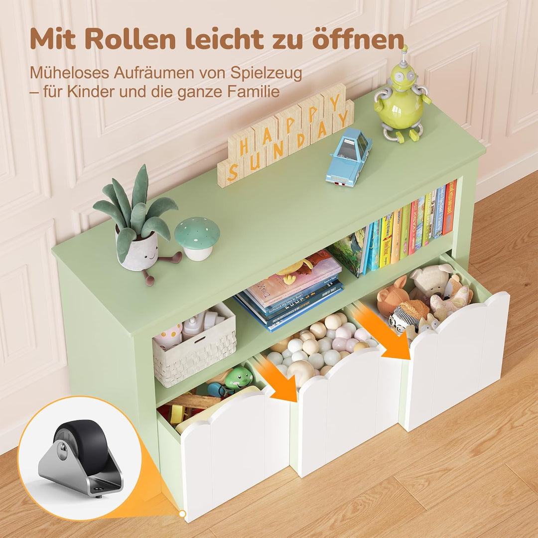 YOUDENOVA Kinderregal mit 3 Boxen &amp; Rollen, 102,2x33x61,5 cm Premium Spielzeugaufbewahrung und Büche