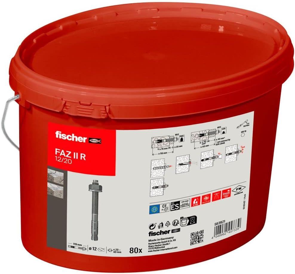 fischer Bolzenanker FAZ II 12/20 Edelstahl, 80 Stück im praktischen Eimer, Stahlanker für höchste An