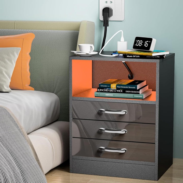 PIPIPOXER 2er Set Nachttisch mit Steckdose & USB, Nachttisch Schwarz Hochglanz, Nachttische mit 3 Sc