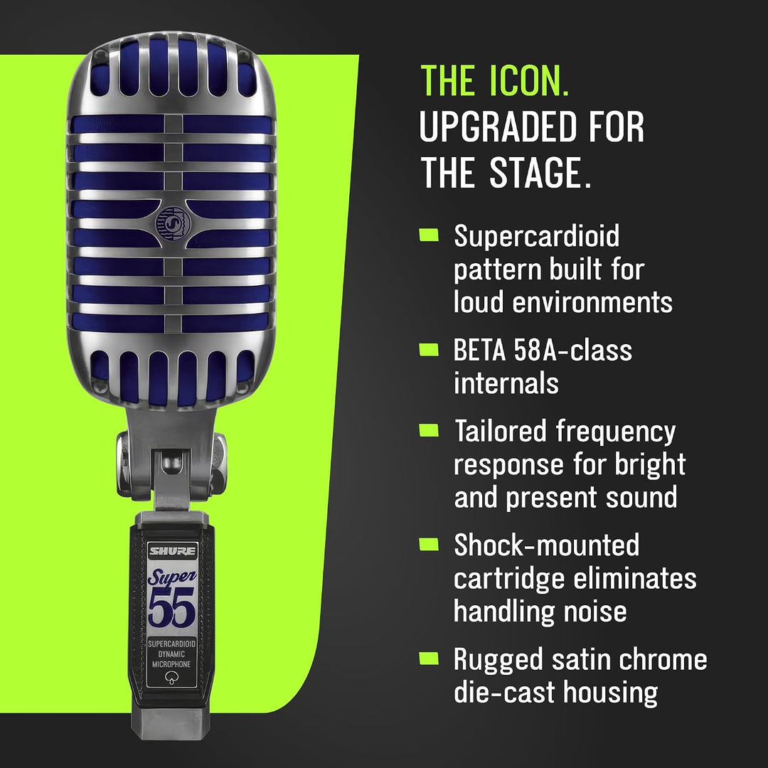 Shure Super 55 Deluxe Vocal Microfon - Vintage Supercardioid Dynamic Unidyne Mic, legendärer Look, k