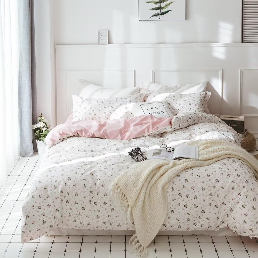VCLIFE Queen-Bettwäsche-Set aus Baumwolle, Rosa/Weiss, Blumenmuster, Bettbezüge mit Reissverschluss,